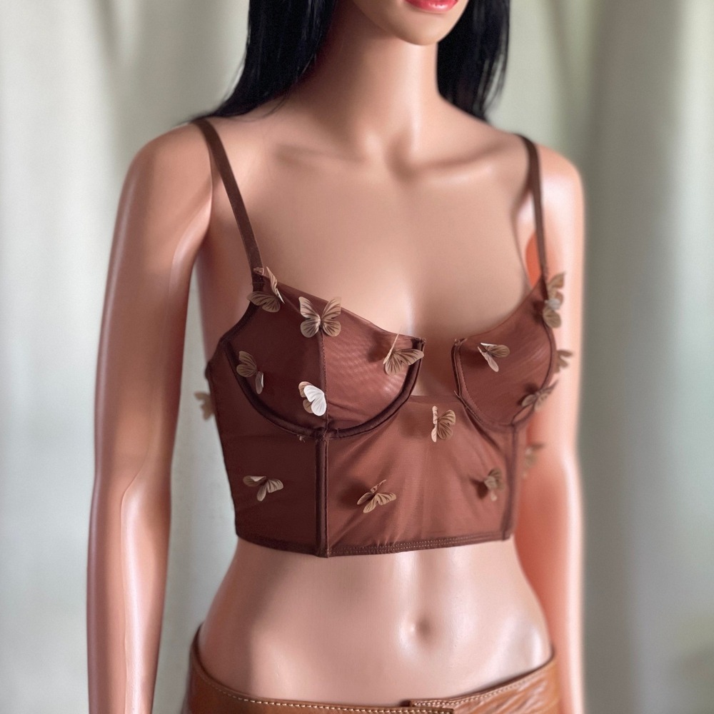 Tic Toc Brown‎ Mesh Butterfly 3D Applique Corset Crop Top Flutter Fairycore L